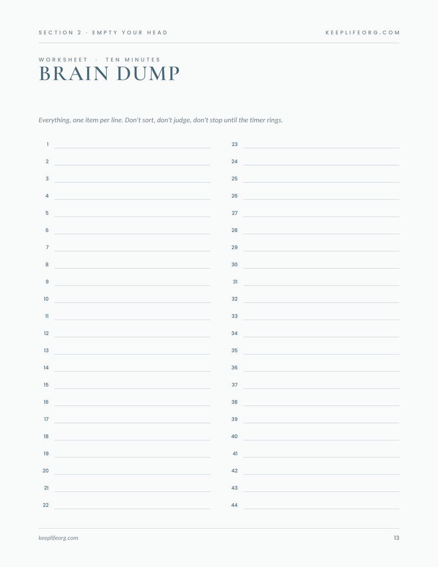 The brain dump worksheet with numbered lines