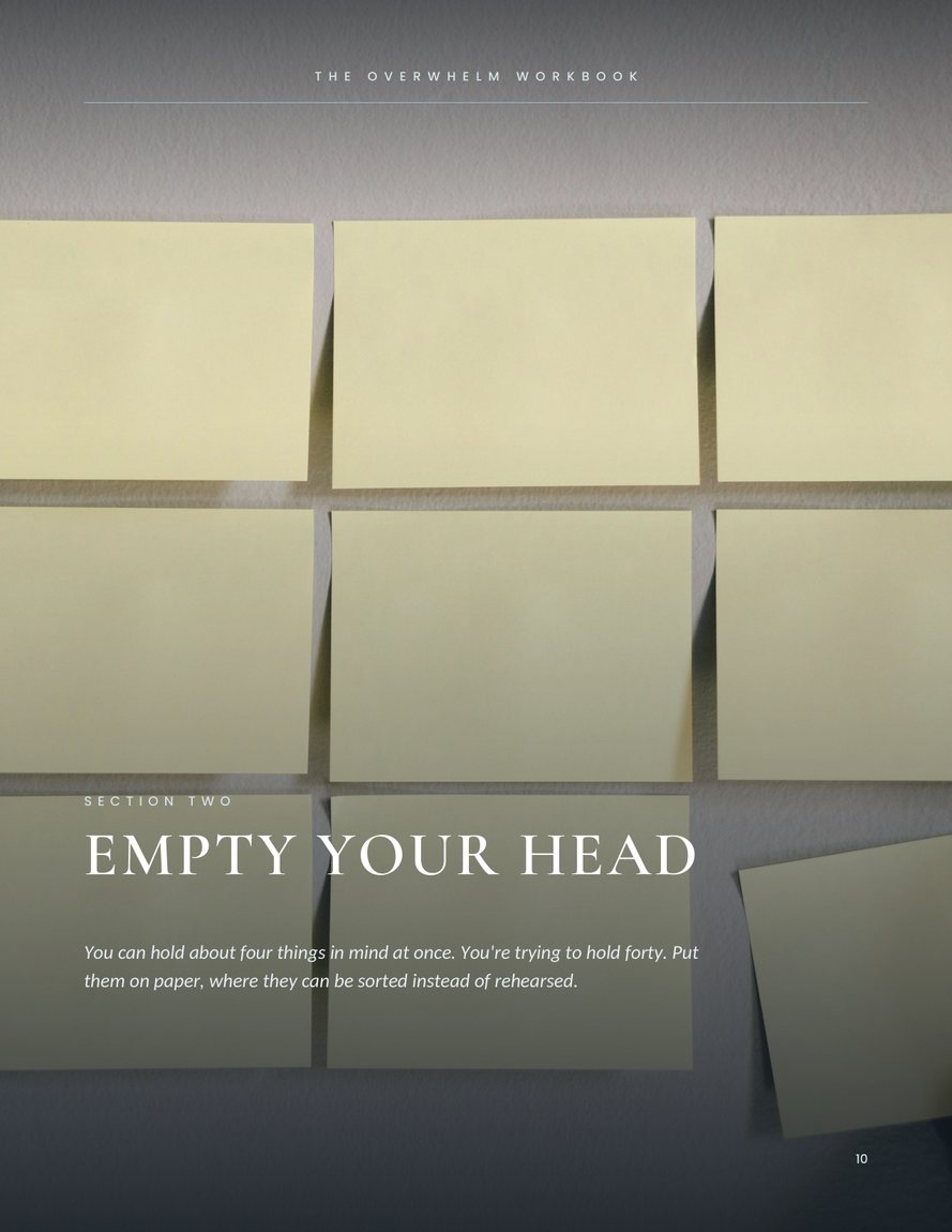 Section opener page: Empty your head, over a grid of sticky notes